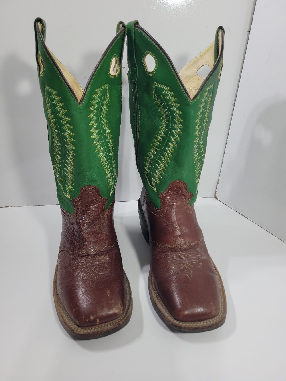 Old West Youth 5.5 Cowboy Boots Brown Green Leather Square Toe Fits Women Size 7